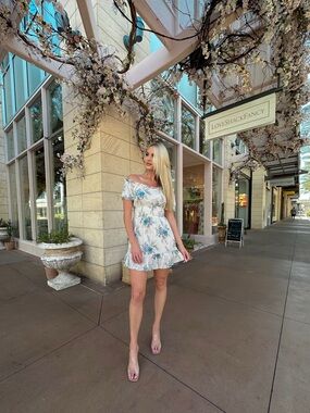LoveShackFancy White Floral Off-Shoulder Mini Dress with Blue Accents